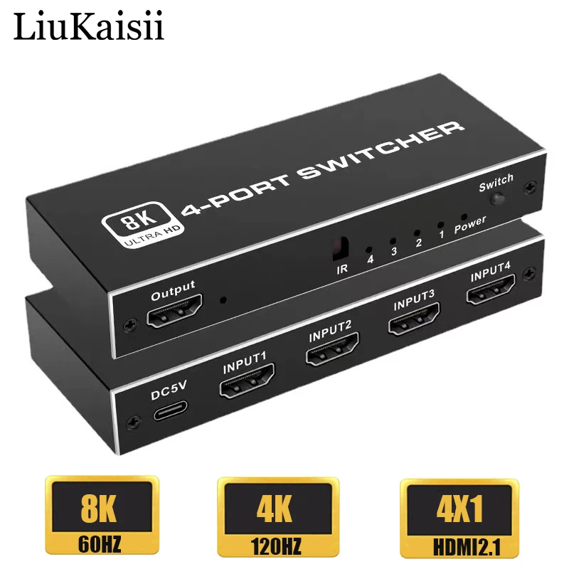 

Переключатель дисплеев 4 HDMI/HDMI, совместимый с 2,1 4K, 120 Гц, 8K, 60 Гц, ИК-пульт дистанционного управления для PS5, PS4, проектора
