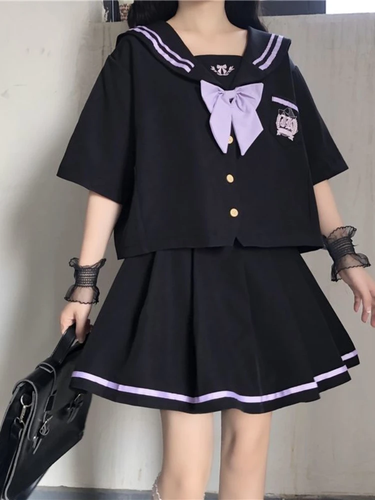 

[Two-piece Suit] 2022 Summer Women JK Suits Lapel Bow Short-sleeved Shirt + High Waist Pleated Skirt Purple Stripes Lovely Sets