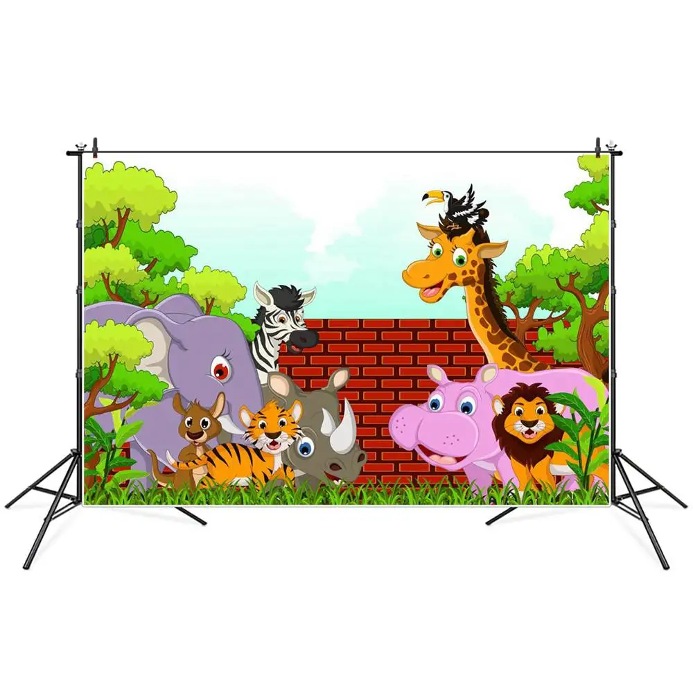 

Animals Safari Party Baby Photography Backdrops Personalized Zoo Lion Rhino Hippo Kangaroo Elephant Brick Wall Photo Backgrounds