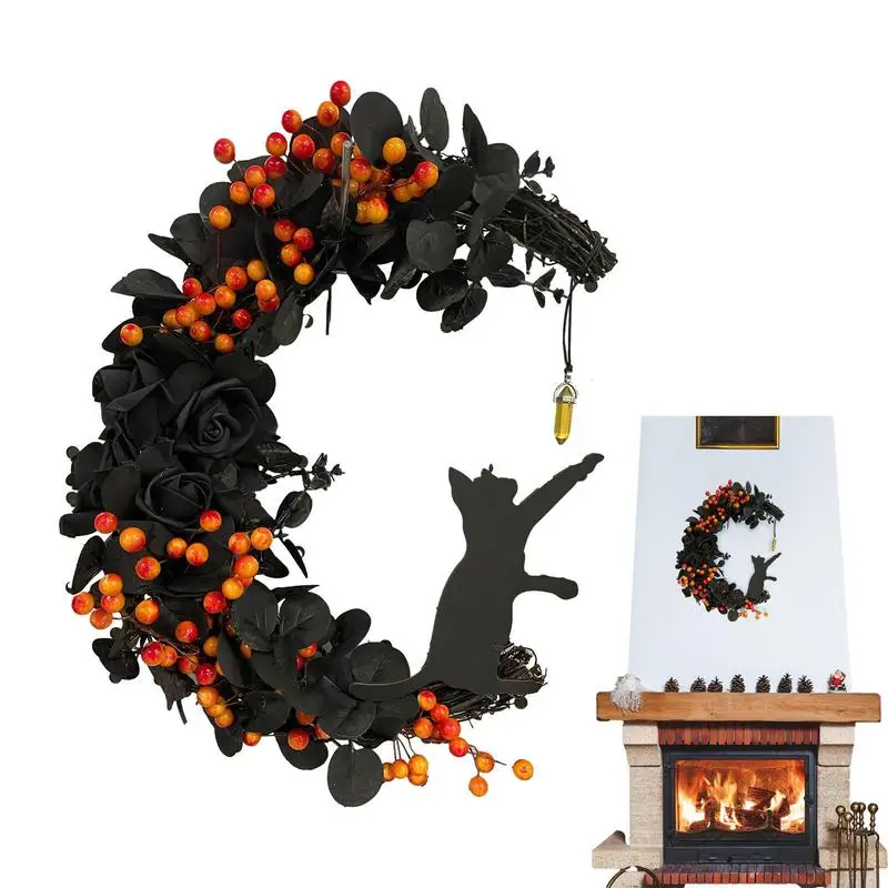 

Хэллоуин венок Луна Черный кот венки Готическая гирлянда для входной двери Хэллоуин Праздничный реквизит внутреннее уличное украшение