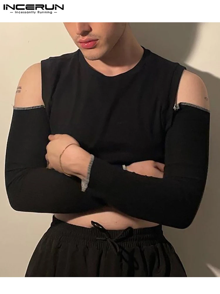 

Fashion Men T Shirt O-neck Long Sleeve Off Shoulder Personality Men Clothing 2022 Solid Color Streetwear Sexy Camisetas INCERUN