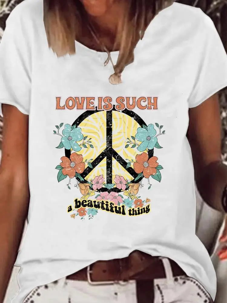 

Print T Shirt Short Sleeve Peace Flower Love 90s Summer Kawaii Clothes Women Clothing Fashion Graphic T-shirt Basic Tee Top