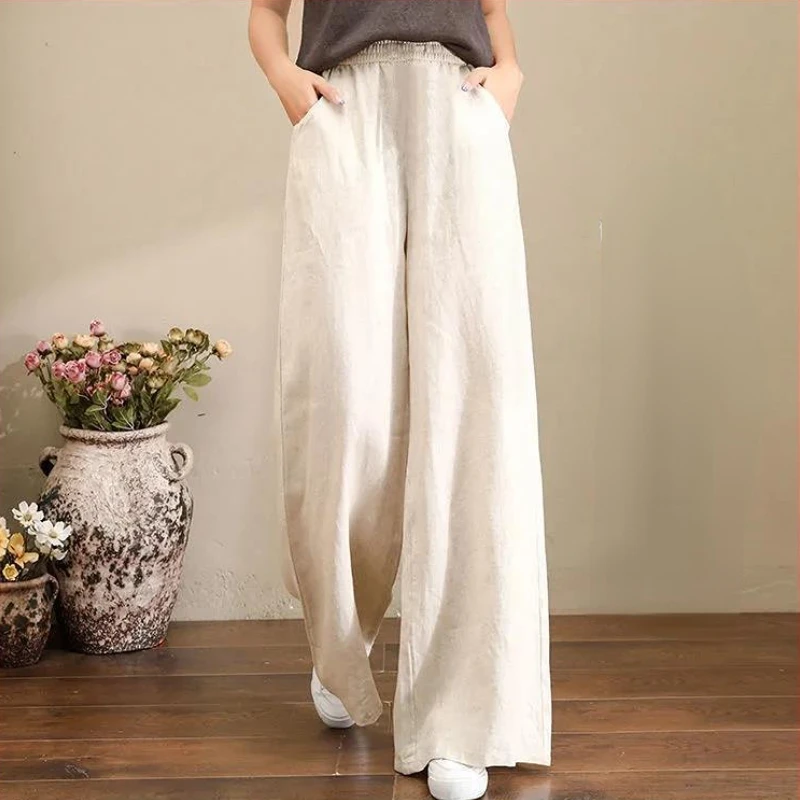 

Women Solid Straight Trousers Summer Vintage Fashion Cotton Linen Elastic Waist Sweatpants 2023 New Female Casual Wide Leg Pants