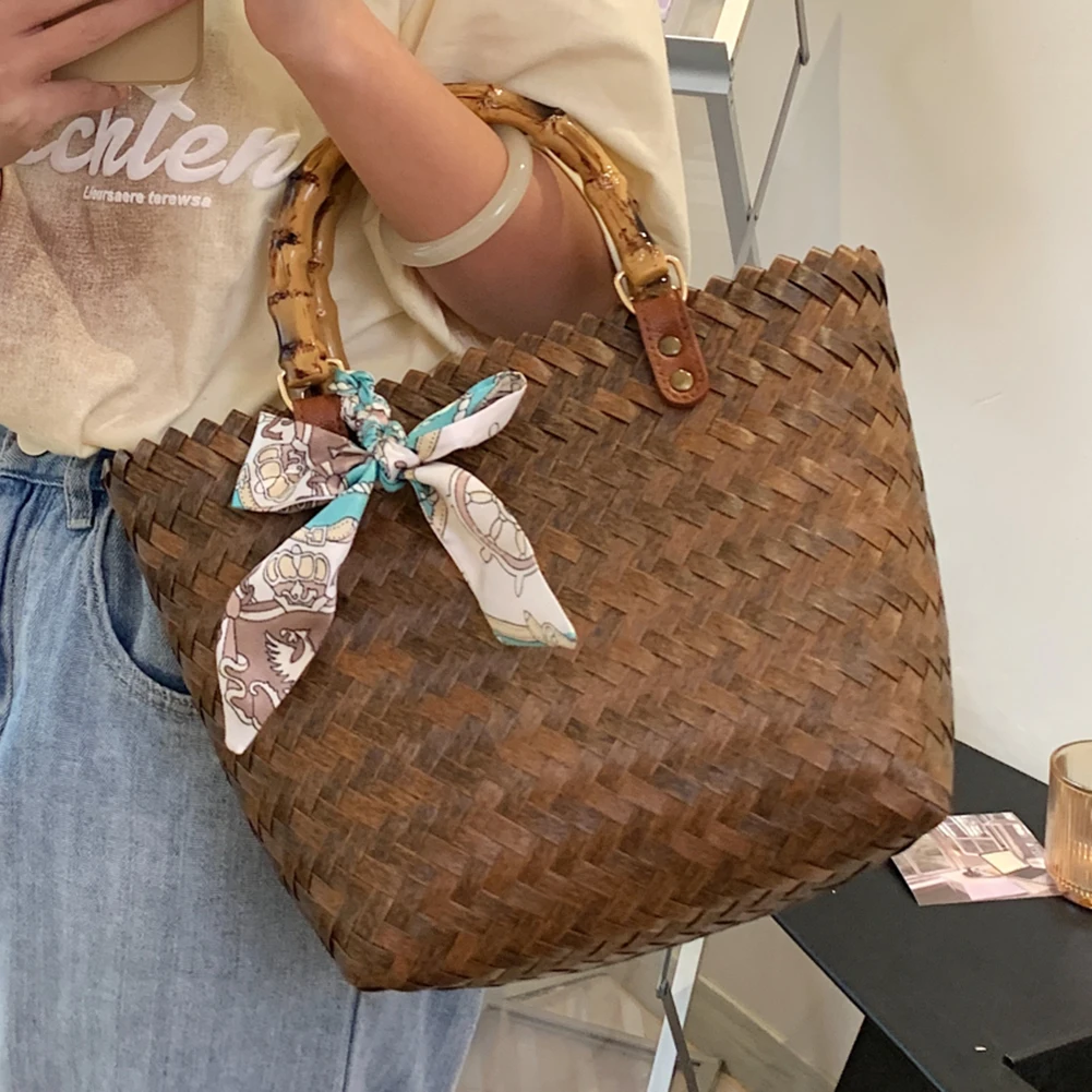 

Women Handbags Bamboo Handle Handmade Woven Tote Bag Large Capacity Summer Beach Straw Handbags Fashion Lady Travel Shopping Bag