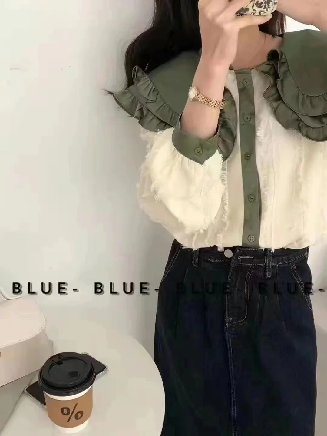 

COIGARSAM Shirt Womens Tops Spring 2022 New Vintage Peter Pan Collar Double Layer Wine Red Green Women Shirts Dropshipping