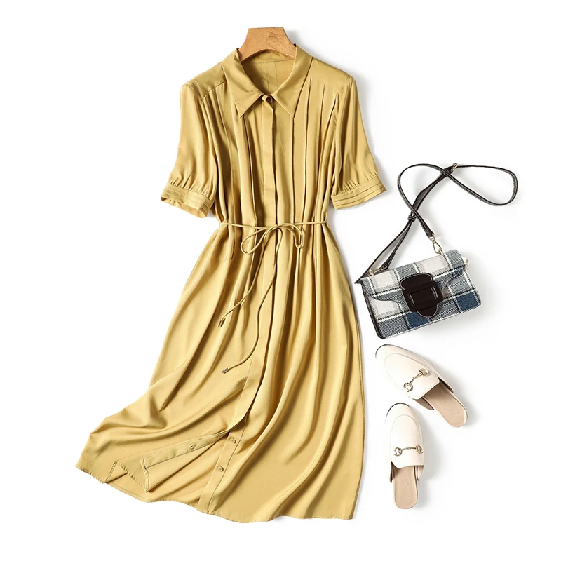 

Shirt Dress Women Natural Silk A-LINE Mid-Calf Turn-down Collar Vestidos De Mujer Single Breasted Birthday Dress for Women