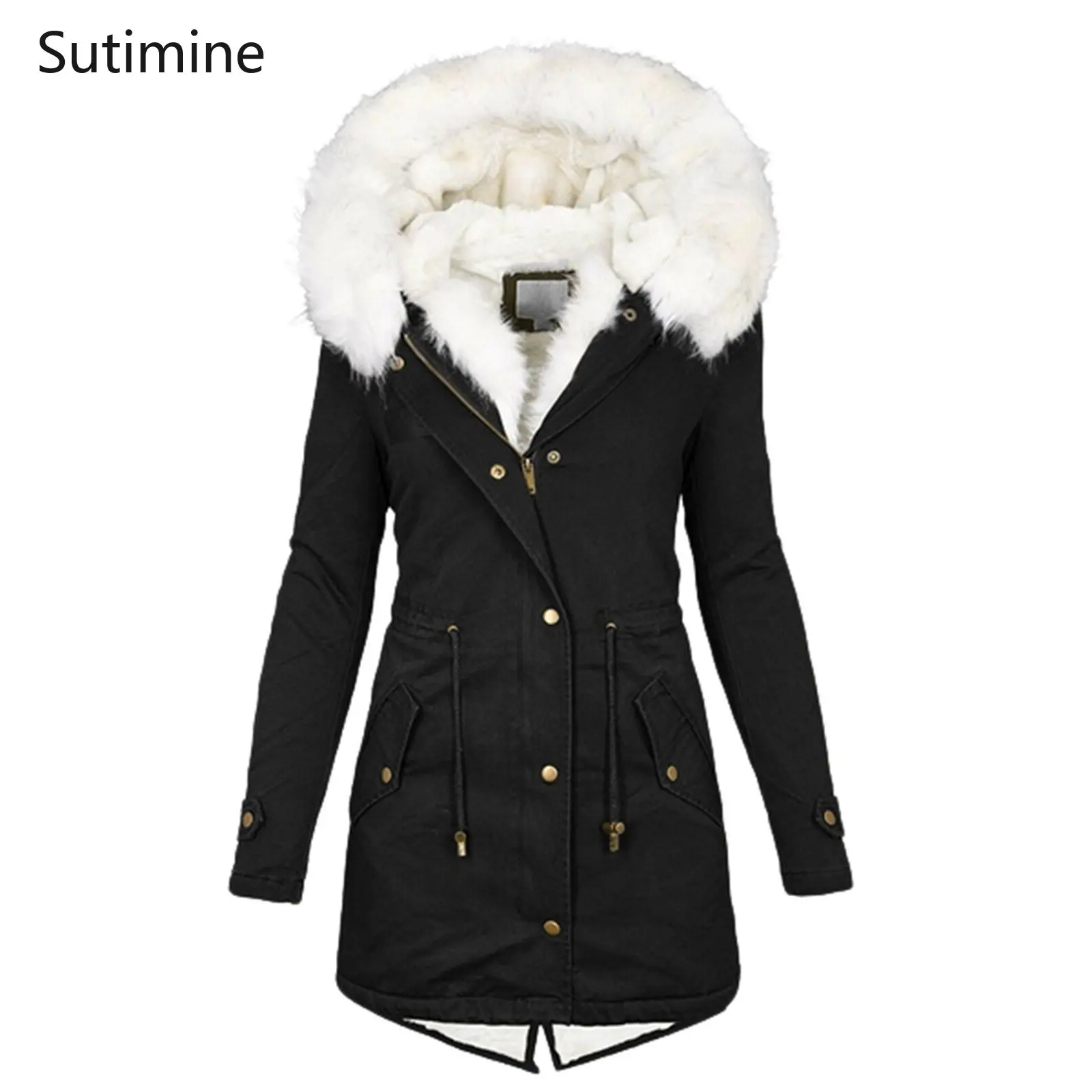 Winter Coat for Women Office Lady Women's Parka Medium Long Windbreaker White Fur Collar Hooded Warm Plush Coat Zipper Coat