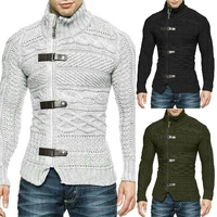 autumn and winter turtleneck sweater mens leather button long sleeved knitted cardigan coat