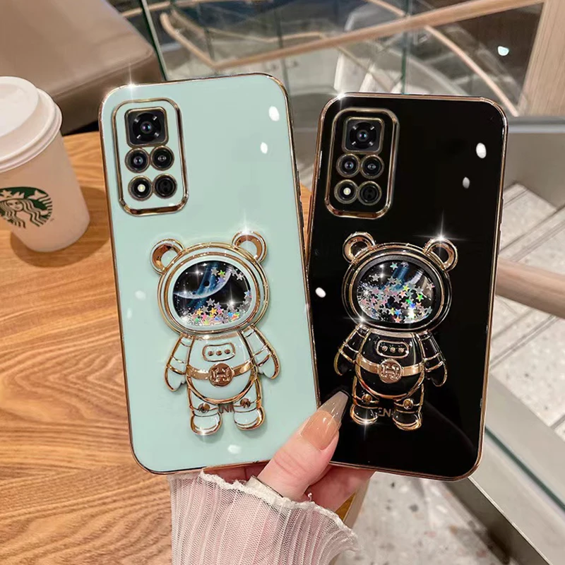 

Quicksand Space Bear Holder Stand Phone Case For Xiaomi Redmi Note 11 Pro 11T 11E 11S 10S 10 9S 9 10C 9C 9A Plating Soft Cover