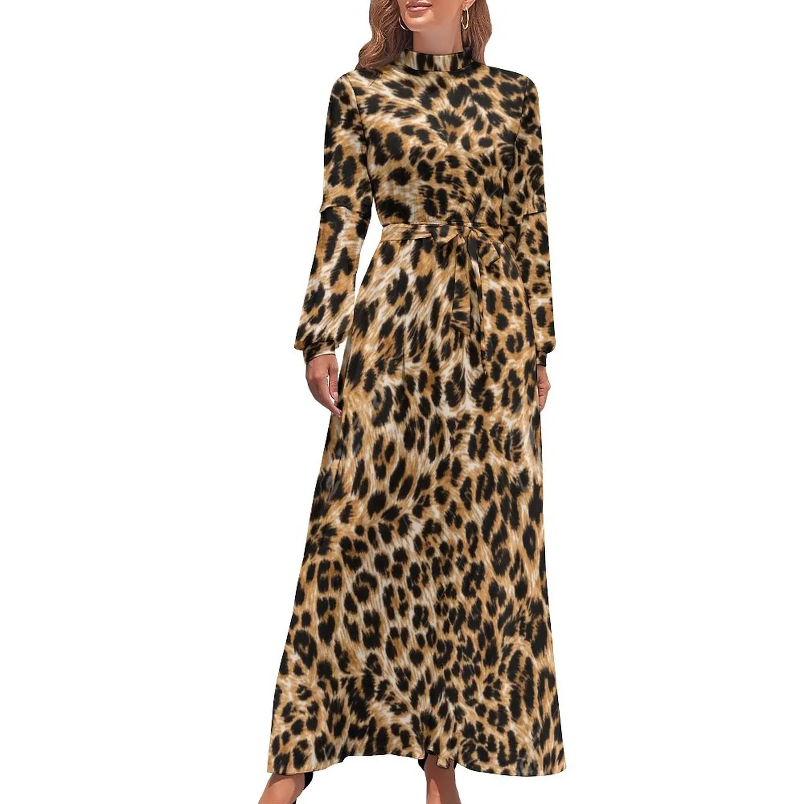 

Leopard Print Dress Animal Print Kawaii Maxi Dress Streetwear Boho Beach Long Dresses High Neck Pattern Vestidos