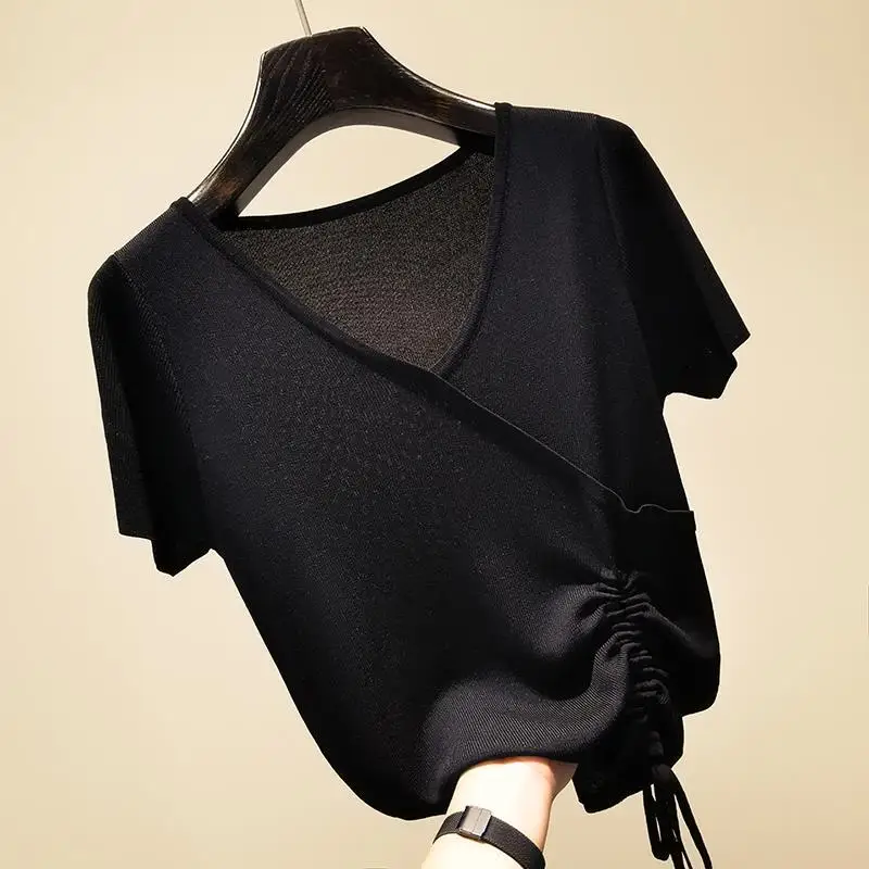 

Korean Style V Neck T Shirt Women Knitted Sweater Short Sleeve Pullovers Ice Silk Solid Color Slim Chic Tops Tee Female E16