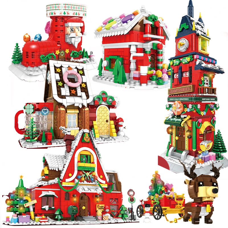 

Christmas Tree Santa Claus Reindeer Xmas Stocking House Tower Building Blocks City Winter House Model Sets Brickheadz Kids Gifts