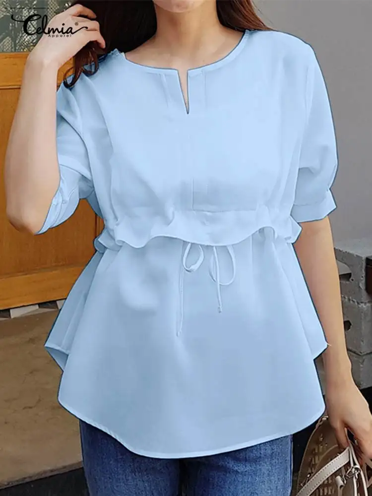 

Элегантная Повседневная белая блузка Celmia 2022, модные женские топы с коротким рукавом-фонариком, шнуровкой и оборками, женские блузки с кругл...