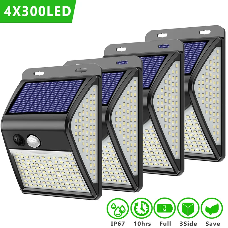Solar Sensor Lights Outdoor 4 Pack 468LED 3000LM Wide Angle IP65 Waterproof Security Wall Light for Garden Fence Patio Deck Yard
