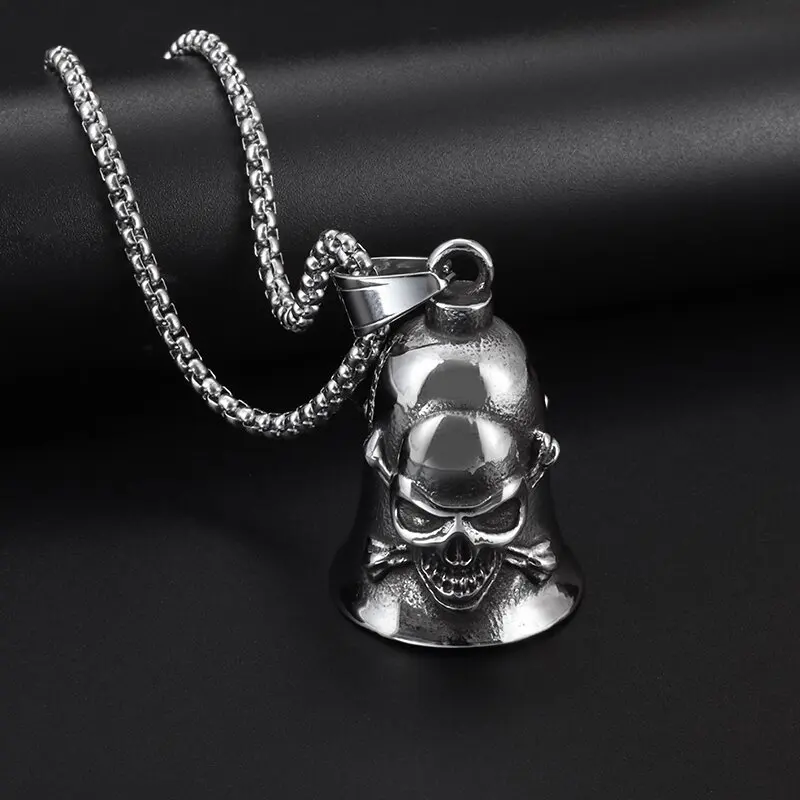 

Retro Punk Gothic Double Sided Skeleton Motorcycle Bell Pendant Domineering Biker Amulet Necklace Rock Party Jewelry