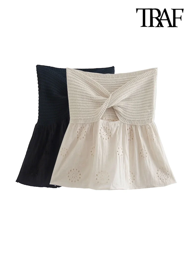 

TRAF Women Sexy Fashion Cutwork Embroidery Patchwork Knit Bustier Vintage Exposed Shoulders Hollow out Female Camis Mujer