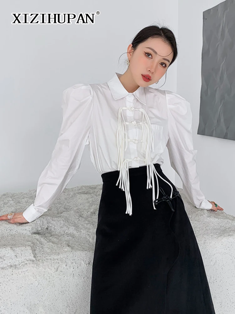 

XIZIHUPAN Fashion Solid Patchwork Tassel Shirt For Women Lapel Long Sleeve Solid Minimalist Button Through Blouse Female Fashion