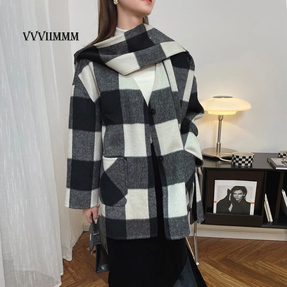 

Scarf Hooded Wool Coat Women's Winter Short Double-sided Tweed Coat Woman Clothes Luxury Designer Jackets Spring Outerwear Traf