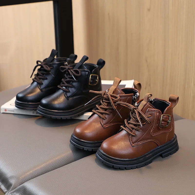 

2023 Autumn Winter Boys Boots Vintage Style Kids Ankle Boots For Boy Side Zip Lace-up Motorcycle Leather Boots Black, Brown