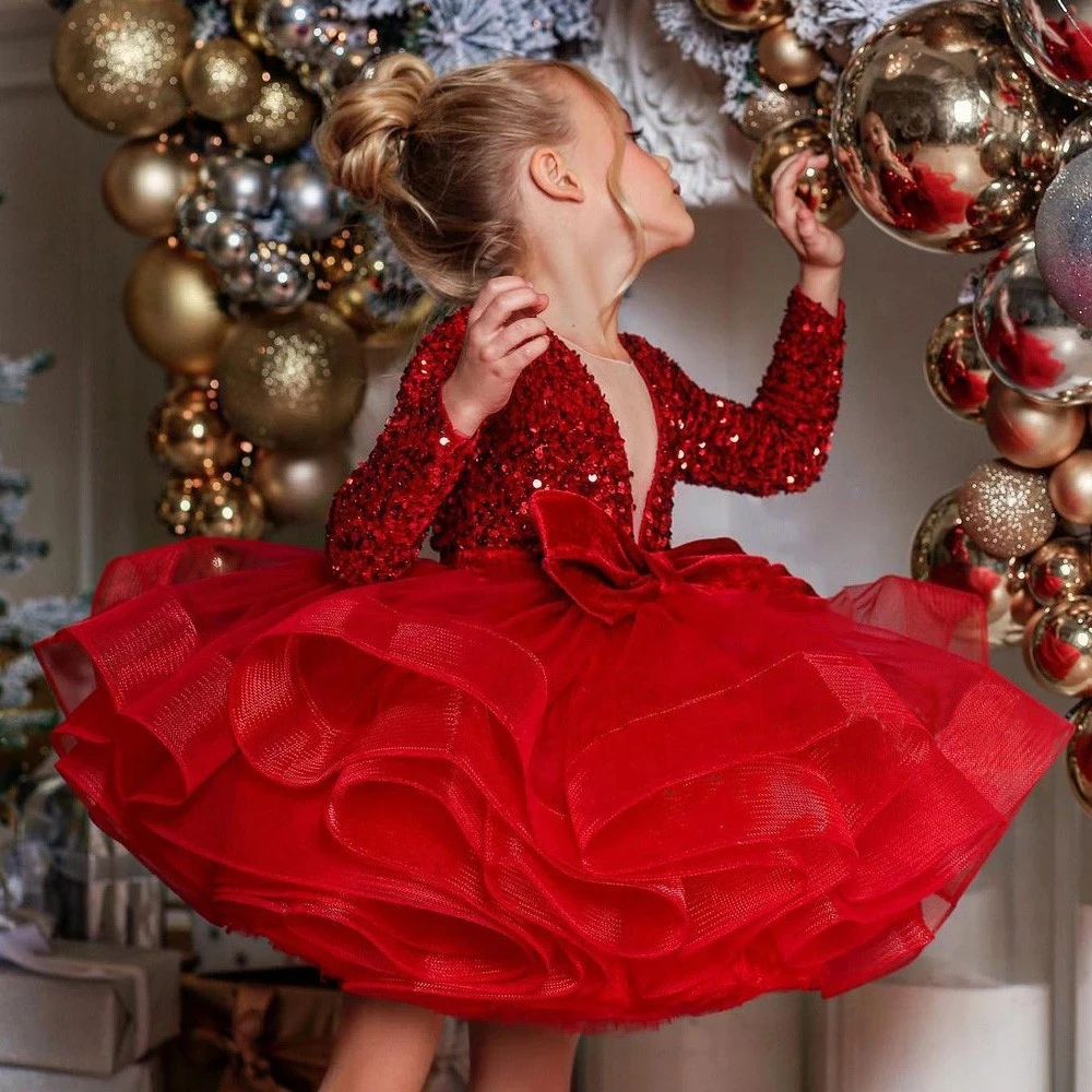 

Cute Red Flower Girl Dress Long Sleeve Sequins Bow Organza Princess Party Birthday Gown First Communion Ceremony Dress