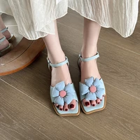 new flower flat bottom square toe open toe buckle strap casual sandals for women chaussure femme sandals woman summer 2022