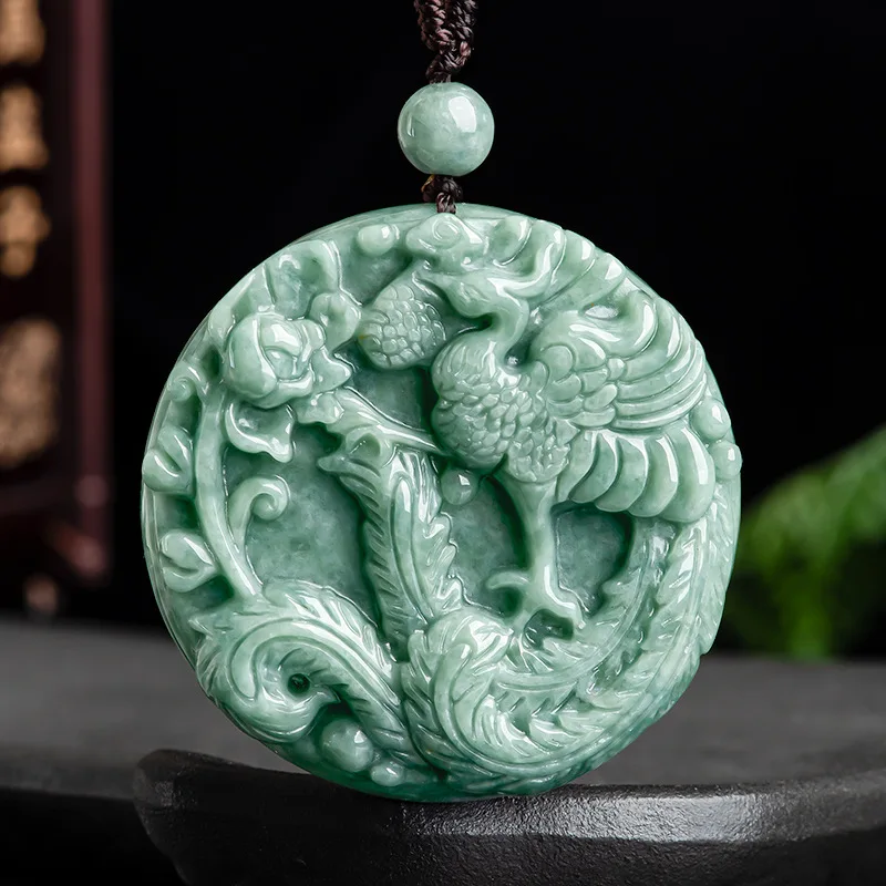 Natural Jadeite Phoenix Peony Flower Piece Necklace Pendant for Men and Women