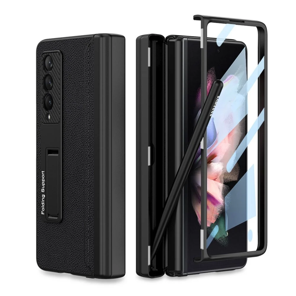 

Magnetic Hinge Pen Slot Case For Samsung Galaxy Z Fold 3 5G Leather Back Cover with Bracket Glass Film for Samsung Z Fold3 Case