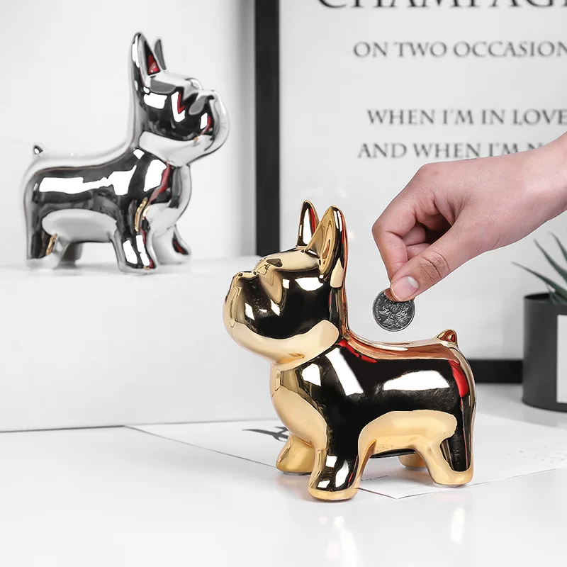 

Coin Bank Gold Silver Ceramic French Bulldog Figurines Cabinet Decoration Crafts Lovely Creative Dog Ornaments Home Decoration