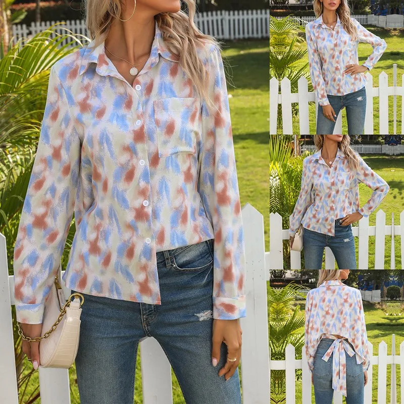

NEW-Women's Casual Cardigan Open Back Tie-Dye Lapel Tie Long Sleeve Shirt Top