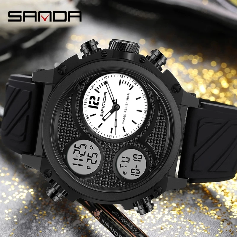 

SANDA LED Digital Sport Watches 50m Waterproof Electronic Wristwatch Three Time Display Quartz Watch for Men Alarm Clock 3002