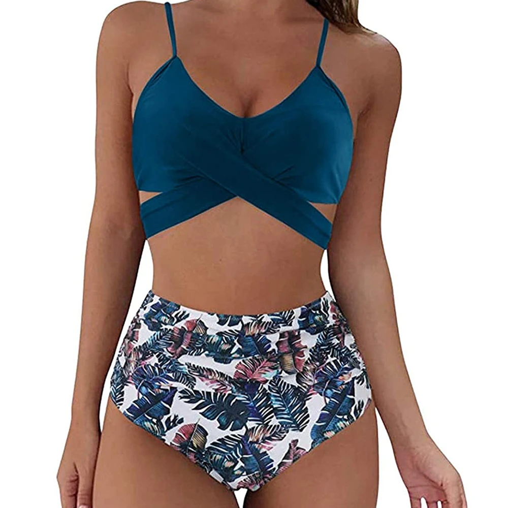 

22 Colors 2023 New Bikini Two Piece Suit Cross Front Slim High Waisted Bottom Sexy Solid/Print Breathable Quick Drying Beachwear