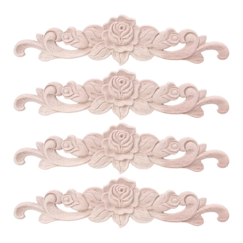 

4Pcs Wood Carved Onlay Rose Flower Appliques For Furniture Cabinet Unpainted Wooden Mouldings Decal Decoration