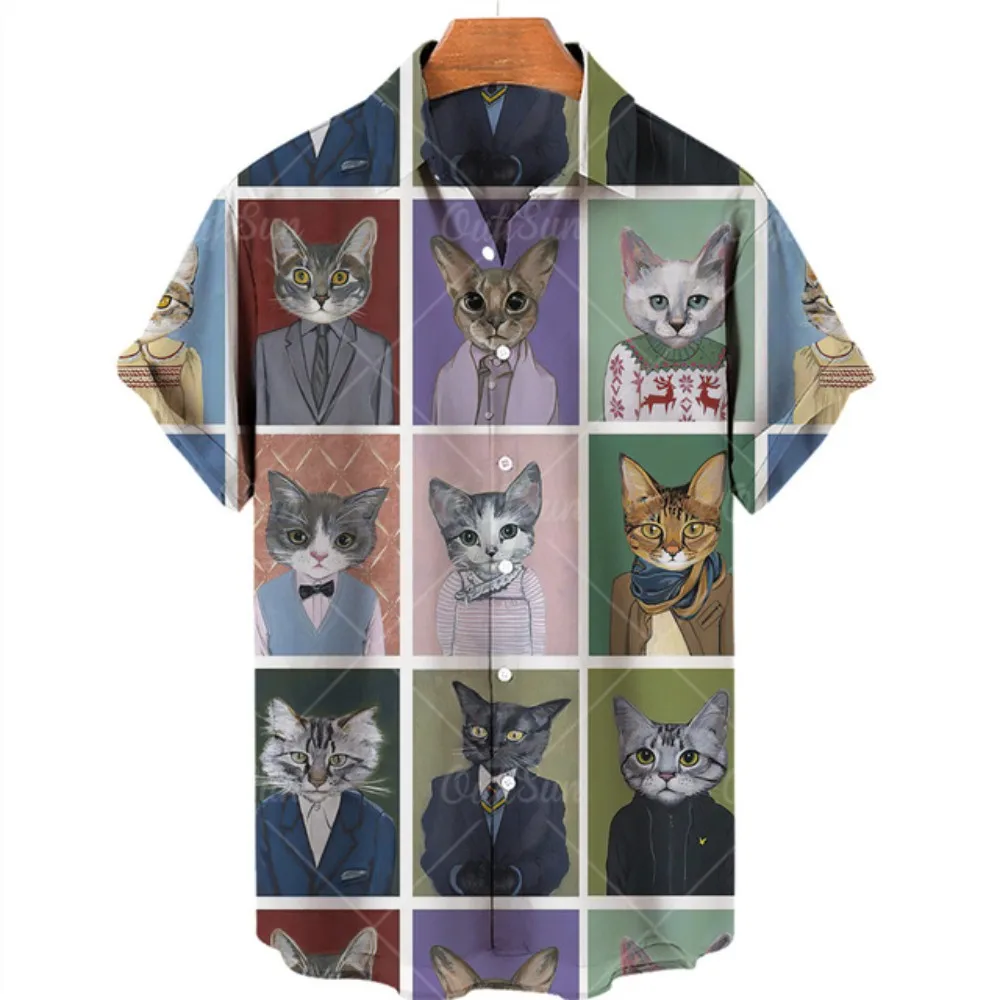 Men's Hawaiian style 3D printed kitten pattern shirt oversized casual loose fitting retro outdoor fashion short sleeved top