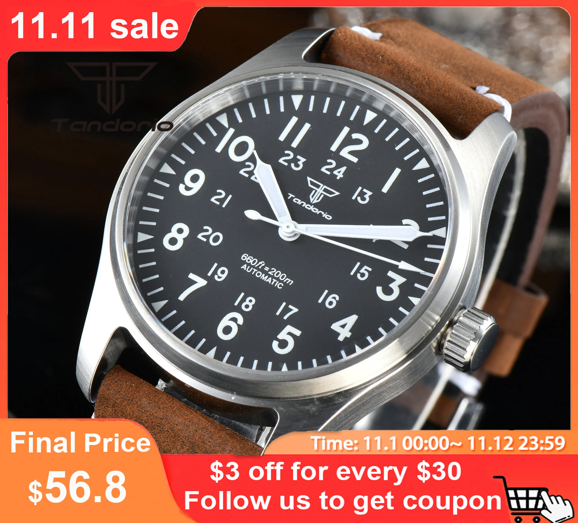 Купить Мужские автоматические часы тандорио PT5000 NH35A 39 мм, 20ATM, сапфировое стекло, цвет зеленый, светящийся циферблат, кожаный ремешок, застежка