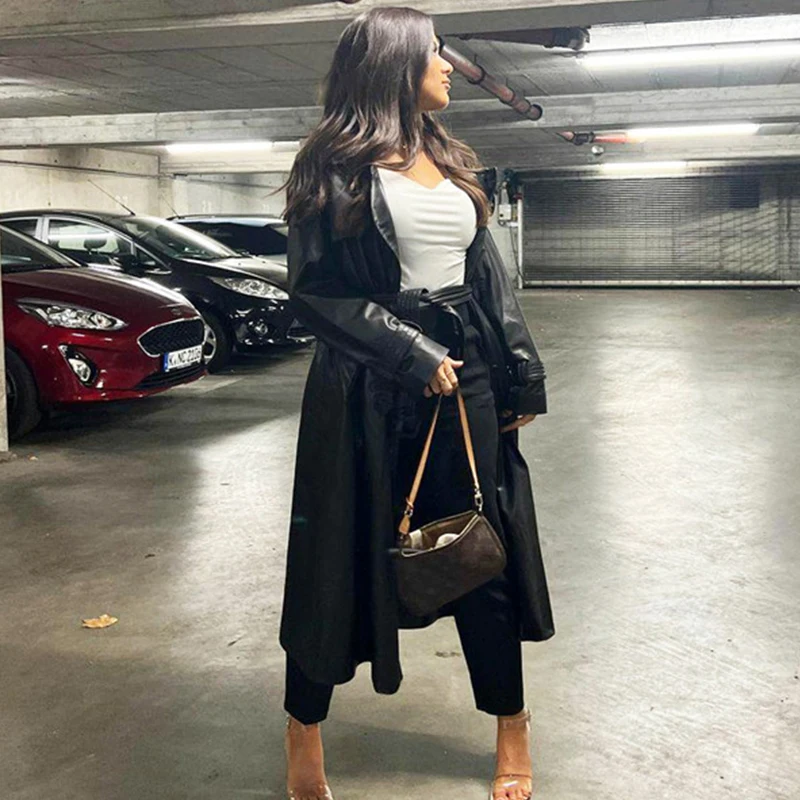 Elegant Black Faux Leather Trench Femme Outwear Fashion Winter Double Breasted Belt Oversize Office Ladies Pu Long Coat Women
