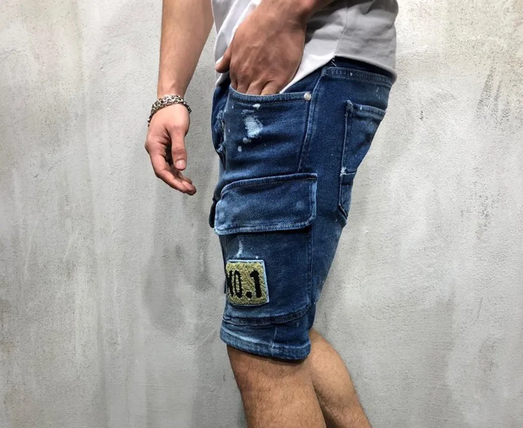 2023 Summer New ripped jeans shorts Men Vintage Stretch Straight Short Jeans Badge Pockets Hole Slim Denim Shorts Male Clothes