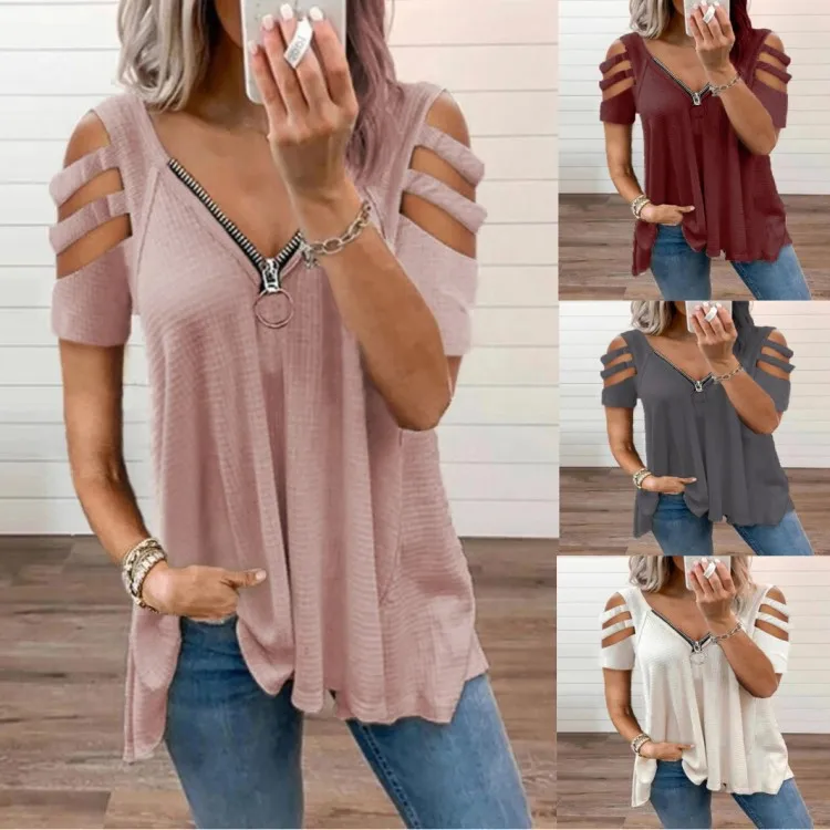 

2023 Women's Sexy Low cut Zipper Solid Off Shoulder Short Sleeve T-Shirt