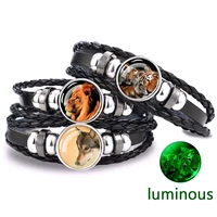 glow in dark animal bracelet black woven tiger lion wolf howling glass dome snap men bracelet fashion luminous boyfriend gifts