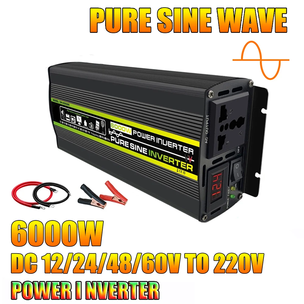 

6000W Pure Sine Wave Inverter Intelligent Digital Display Car Converter DC 12/24/48/60V TO 220V 110V Voltage Transformer 50/60Hz