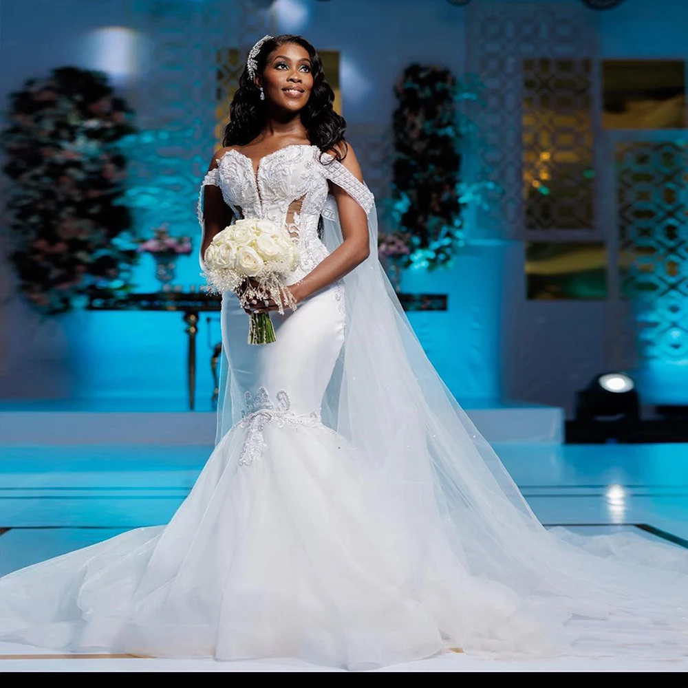 

Romantic Mermaid Wedding Dresses Women V Neck Off Shoulder Bridal Gowns Beaded Appliques Lace-Up Formal Party Dress Custom Made