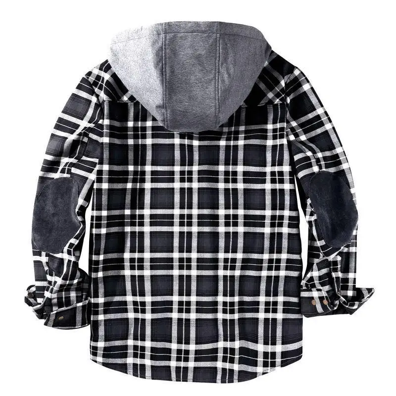 Mens Fashion European Size Plaid Plus Velvet Large Size Thermal Shirt Jacket Winter Stitching Contrast Color Hooded Cotton Coat