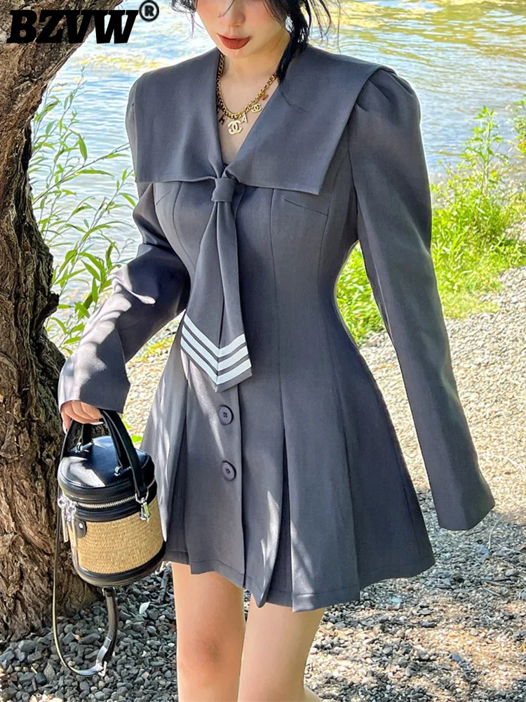 

BZVW Fashion Sailor Collar Contrast Color A-line Mini Dress Women Long Sleeve Hem Pleated Dresses Female 2023 Spring New 25Y0837
