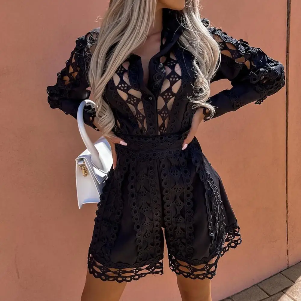 

Summer Dresses Women Fashion Romper Solid Color Single-breasted Stand Collar Patchwork Hollow Out Women Jumpsuit Female Clothes