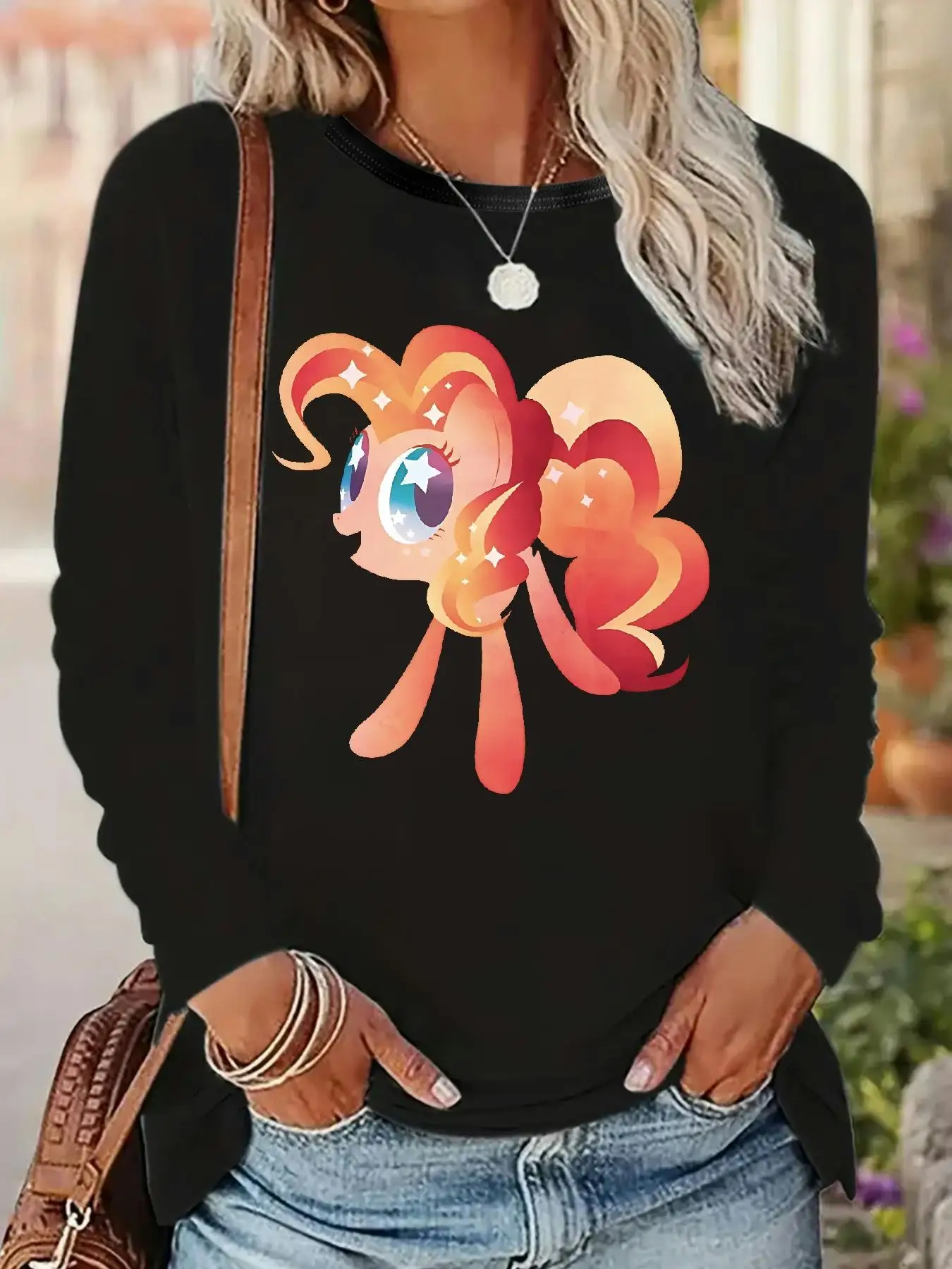 Фото Женские футболки с длинным рукавом MY LITTLE PONY M26011 (63) с принтами, из 95% хлопка и 5% эластана, идеально подходят для повседневной носки №1