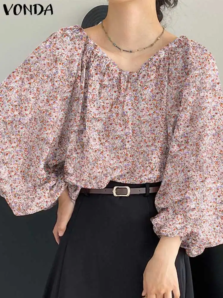 

Women Shirts 2023 VONDA Vintage Printed Beach Summer Blouse Fashion 3/4 Sleeve Party Tops Female Lantern Sleeve Blusas Baggy