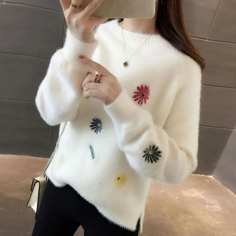 

Новый Зимний вязаный свитер, пуловер, женская мода, имитация норки, бархат, кашемир, принт, свободная одежда, Корейская белая женская одежда