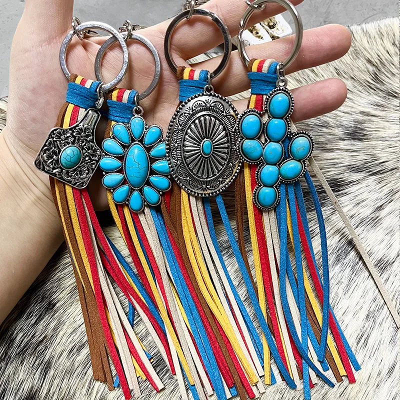 

New Vintage Ethnic Style Keychain Jewelry Pendant Colorful Long Tassel turquoise Key Chain Cowhide KeyRing Winter Gift Wholesale