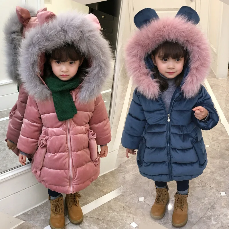 

2-8Y Girls 'Coat Big Fur Collar Hooded Jacket Winter Thicken Warm Cotton Overcoat Mid-length Down Jackets Baby Girls Outerwear