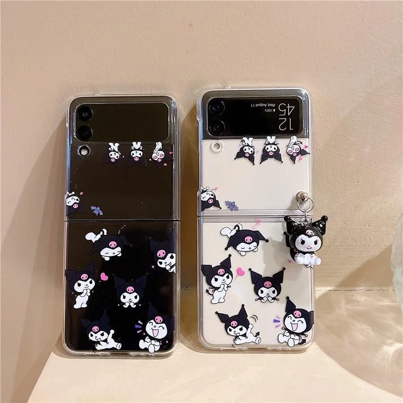 

BanDai Kuromi With Pendant or Bracket Phone Case For Samsung Z Flip 1 2 3 5G ZFlip3 Soft For Galaxy Shockproof Transparent Cover