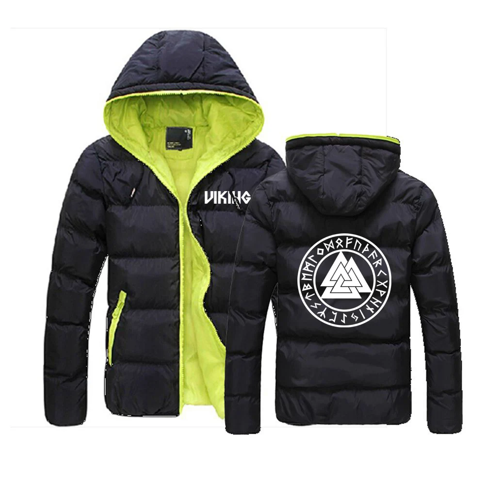 

2022 Odin Vikings Symbols Mens Winter Color Block Zipper Hooded Jacket Cotton Padded Coat Slim Thicken Warm Outwear Tops
